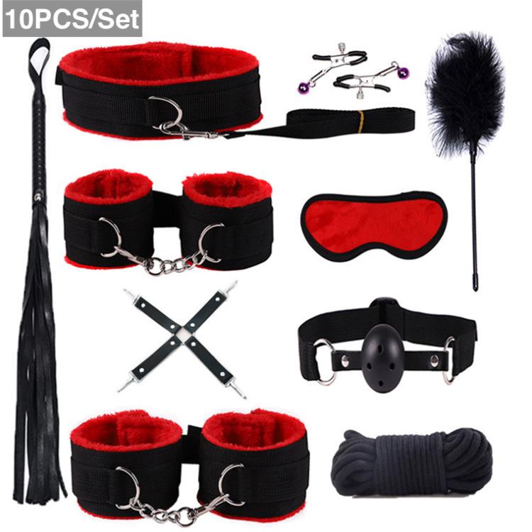 10PCS  Bed Restraints Sex Toy Kits Handcuffs 18+ Adult Sex Game Sexy Suit Nipple Clipper Mouth Gag Whip Sex Feather Soft SM