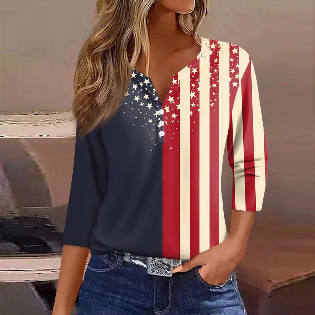 Women's T Shirt Independence Day Print Button 3/4 Sleeve Daily Weekend Fashion Basic V- Neck Regular Top