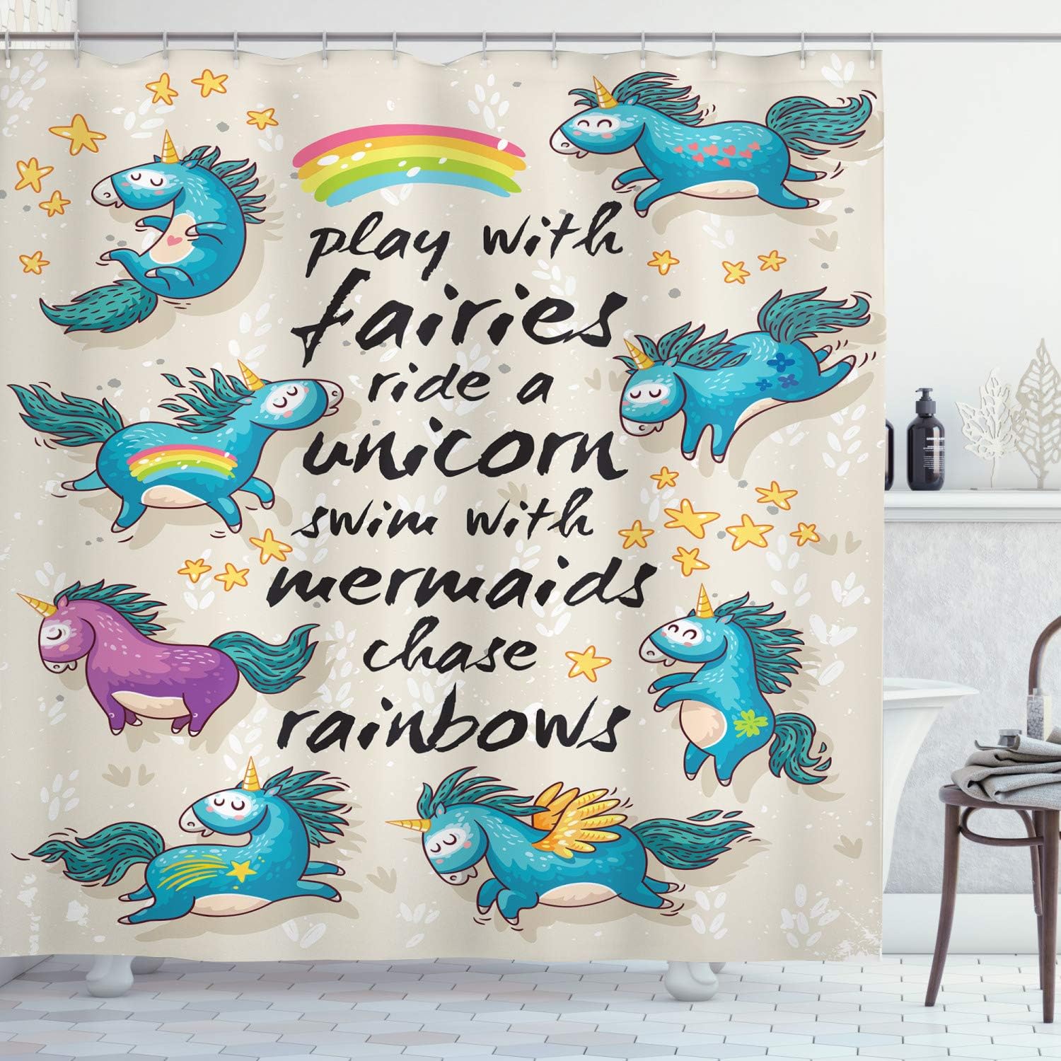 

Cute Unicorn Rainbow Shower Curtain 72X72 Inches Fantasy Kids Bathroom Decor With Fairies Mermaids Stars Design W60H190(CM)-1 Pcs