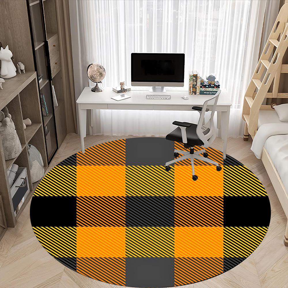 1 Stück Orange Schwarz karierter Stuhlteppich für das Büro, Runde Polyestermatte, Innendekoration für das Büro, Pflegeleichtes Gewebe, Waschbarer rutschfester Teppich