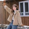 Betu Women's Faux Suede Fur Patchwork Hooded Reversible Short Coat