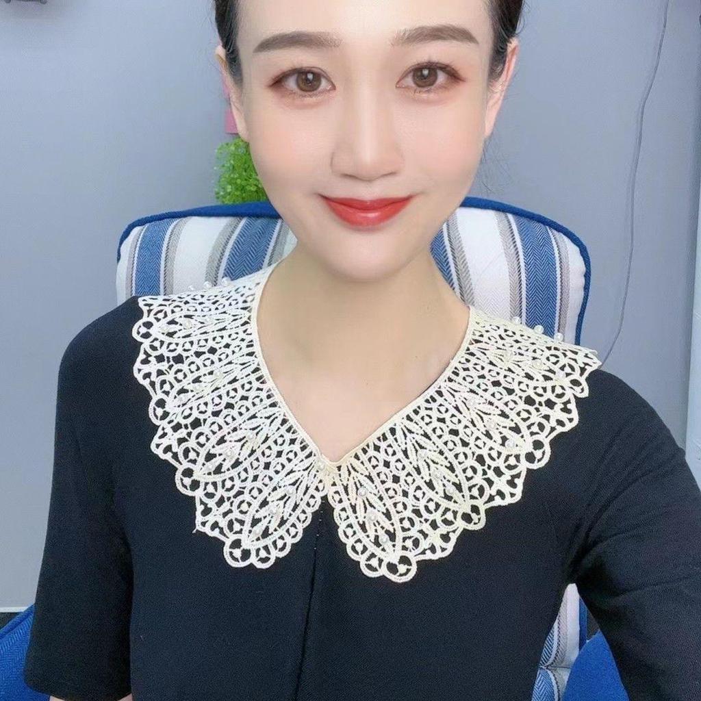 Hollow Polyester Shawl Faux Collar with Pearl Lace and Button