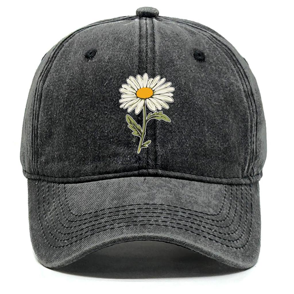 White Daisy Print Adjustable Sun Hat, Flower Sports Hat Cotton Inelastic Sun Protective Cozy Snapback Baseball Cap