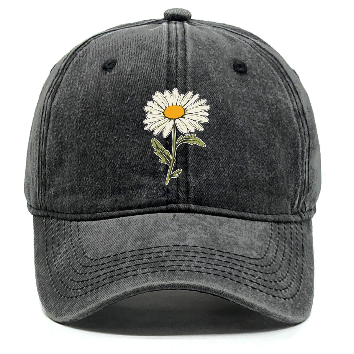 

White Daisy Print Adjustable Sun Hat, Flower Sports Hat Cotton Inelastic Sun Protective Cozy Snapback Baseball Cap as the picture чёрный