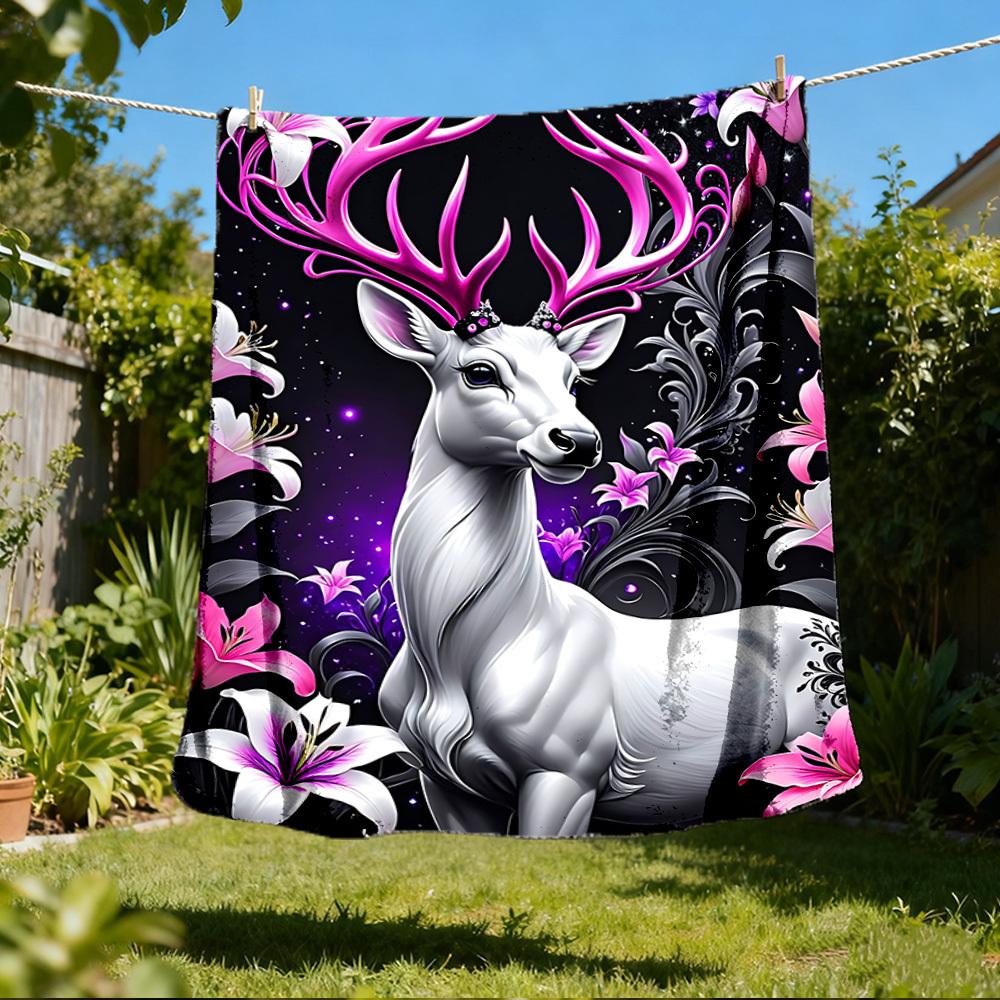 1pc Fantasy Deer Print Throw Blanket Polyester Fiber, Lightweight Flannel, Soft & Warm, All Season Use for Outdoor, Camping Digital Print