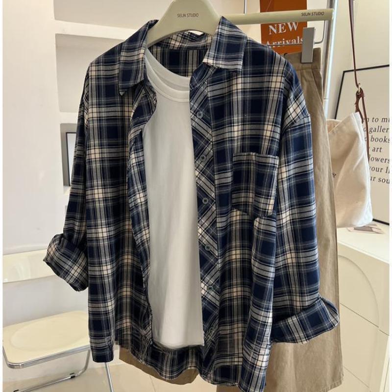 

Японская винтажная клетчатая рубашка, весенняя тонкая женская блузка с длинными рукавами, повседневная простая блузка с лацканами, корейская версия, свободный топ L