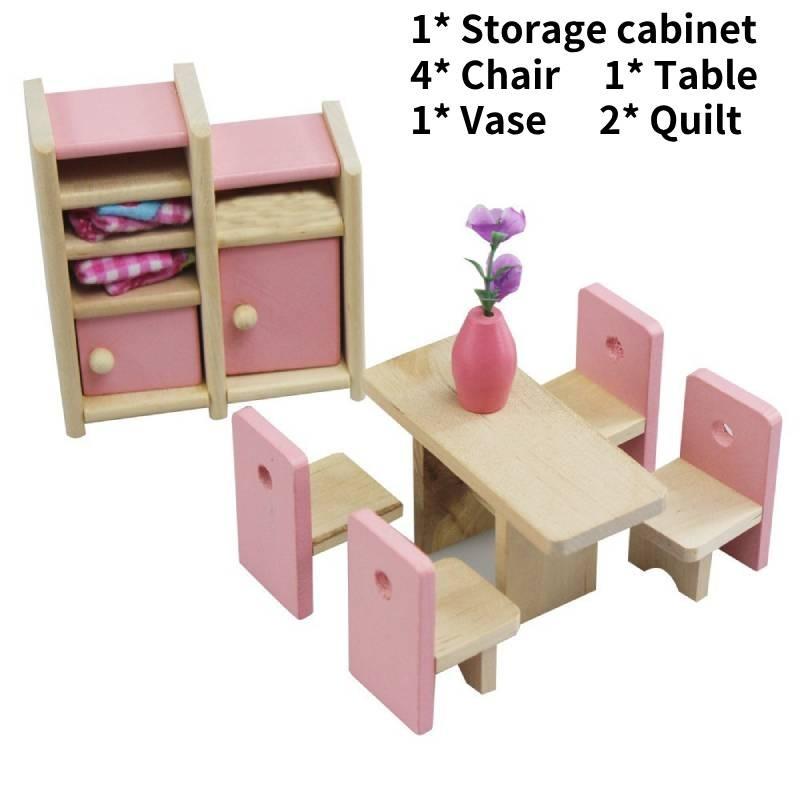 Entzückendes Holzpuppenhaus-Möbelset für Kinder mit farbenfrohen Schlafzimmer-, Küchen- und Wohnzimmer-Accessoires