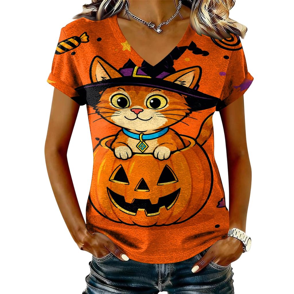 Women's V-Neck Short Sleeve T-Shirt Casual Pullover with Halloween Print Top