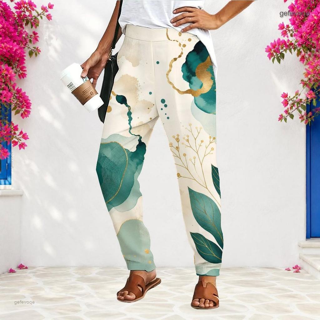 Women Plus Size Loose Straight Leg Long Pants Blue Gold Marble Printed With Pockets