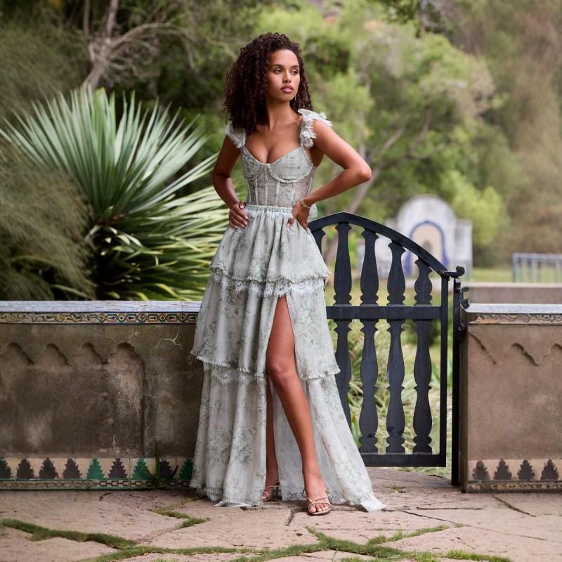 Elegant Floral Print Chiffon Maxi Dress With V-Neck Spaghetti Straps Vacation XS