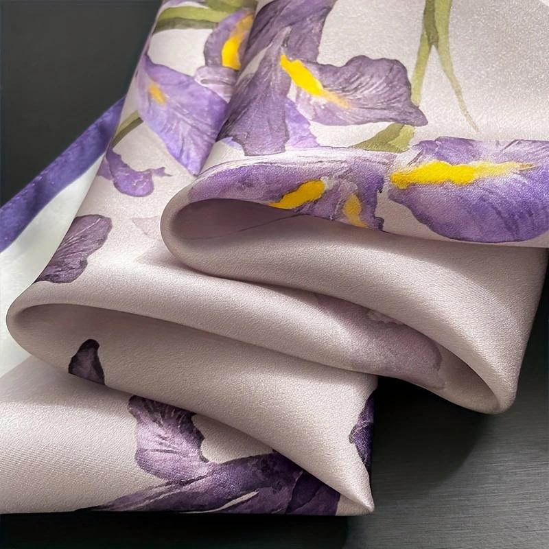1pcs 70cm Hibiscus Flower Pattern Silk Scarf for Women Simulated Silk Purple Floral Scarfs Versatile Decorative Square Scarf