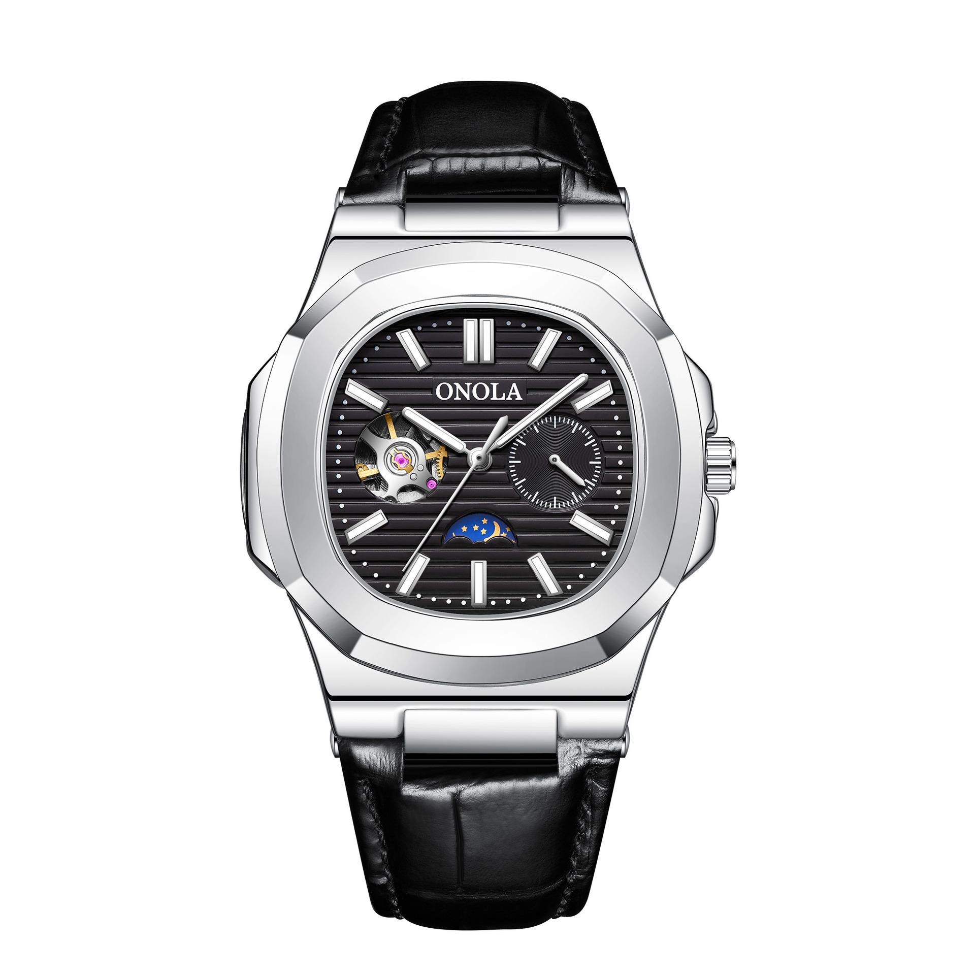 

Автоматические механические часы для мужчин, деловые, полые, маховик, мужские часы, фазы Луны, водонепроницаемые, кожаные, мужские часы, Reloj Hombre чёрный/серебряный