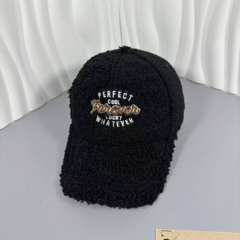 Cozy Plush Embroidered Letter Baseball Cap for Women - Warm, Versatile Winter Hat In Black