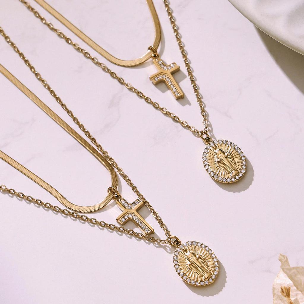 18K Gold Plated Stainless Steel Zircon Cross Pendant Layered Necklace with Double Blade Chain