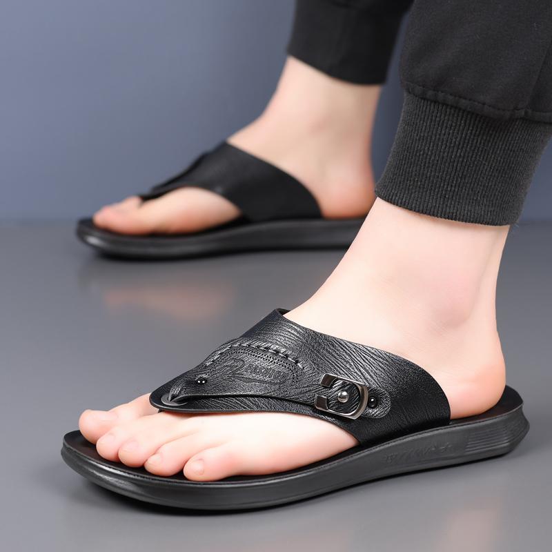 Fashion Summer Handmade Leather Slippers Trendy Fashion Men's Flip-flops Thick Soled Outdoor Breathable Comfortable Simple Men Slippers