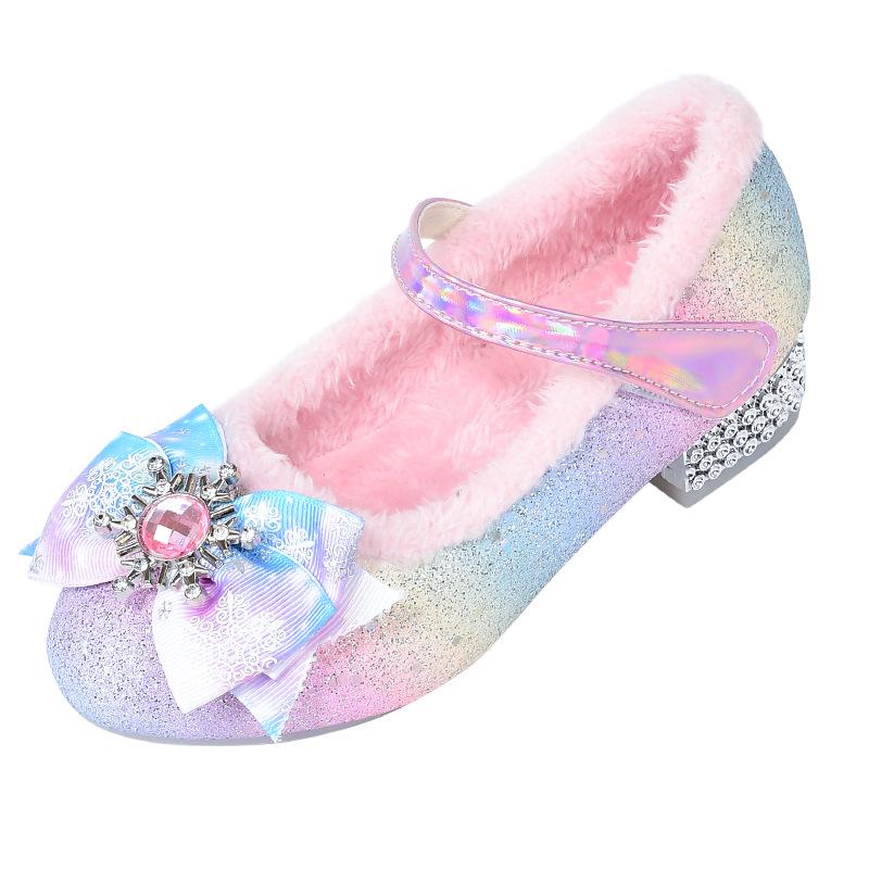 Girls' Rainbow Leather High Heel Shoes with Soft Sole and Velvet Lining for Autumn/Winter
