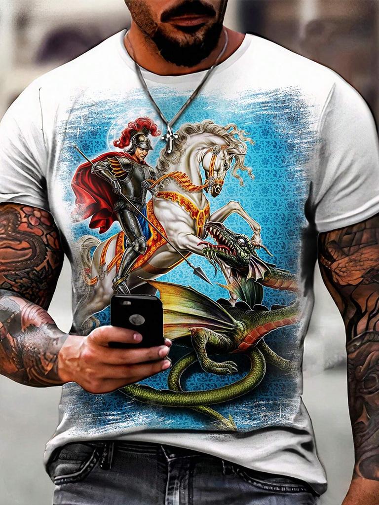St. George Printed T-shirt Men's Fashion Street T-shirt 3D Printing Casual Round Neck Short-sleeved T-shirt Hip-hop Mens T-shirt