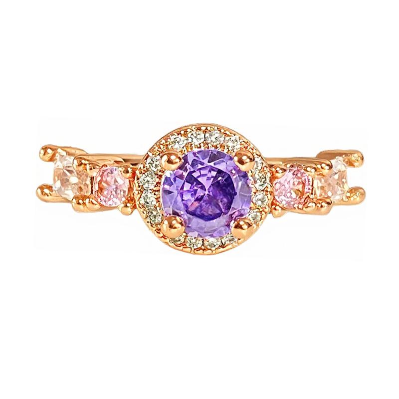 Rose Gold Purple Full Diamond Zircon Geometric Opening Ring Personality Light Luxury High Sense Retro Exquisite Ring Woman