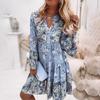 Women‘s V Neck Long Sleeve A-Line Mini Dress Floral Print High Waist Casual Gown