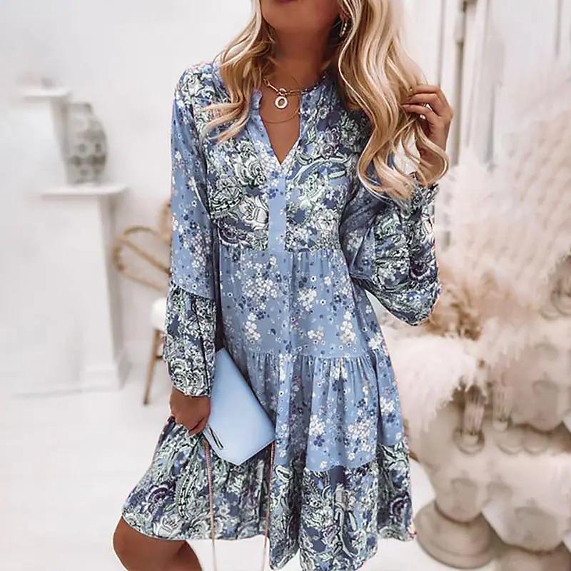 Women‘s V Neck Long Sleeve A-Line Mini Dress Floral Print High Waist Casual Gown