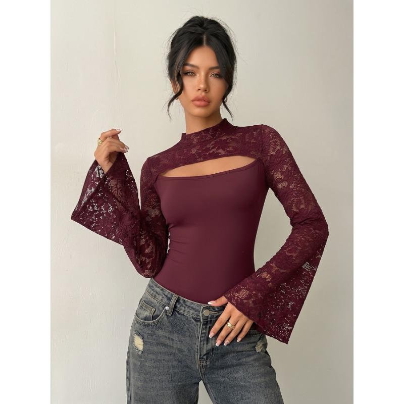 Women S Lace Patchwork Slim Fit Flared Sleeve Jumpsuit
