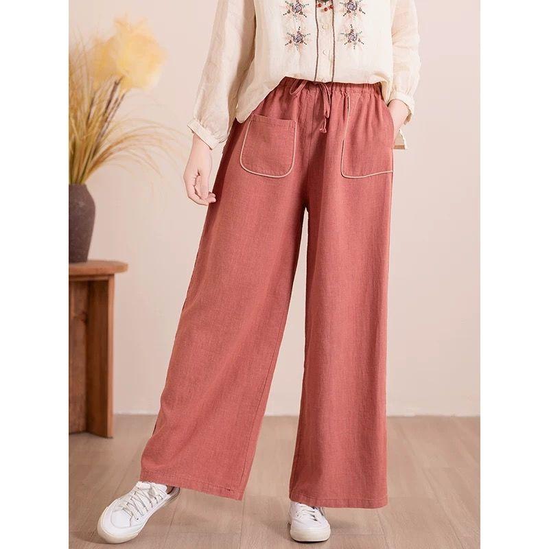 Frühlings Elastischer Bund Lässige Gerade Bein Hose für Damen Lockere Baumwolle und Leinen Weitbein Hose
