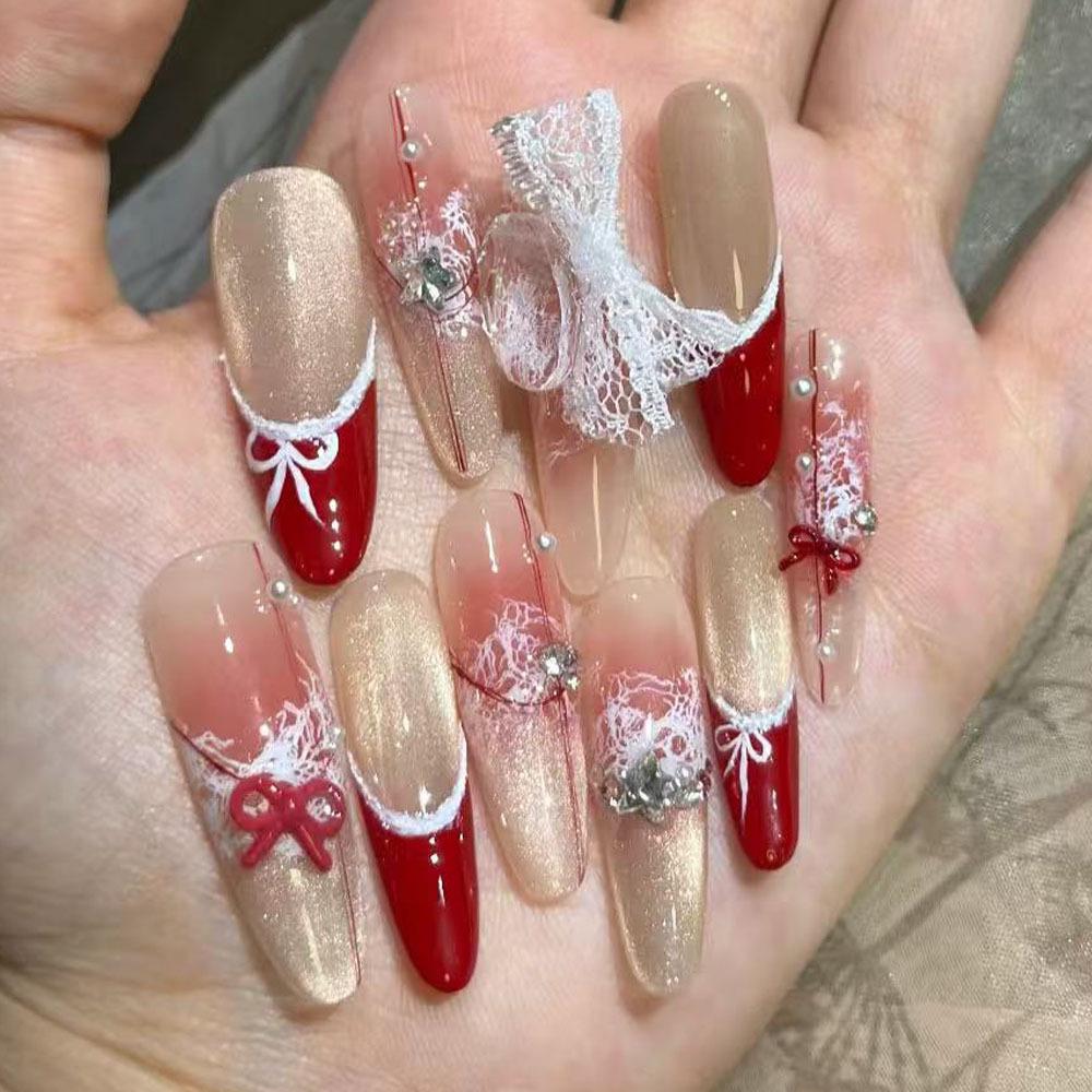 Autumn/Winter Almond Cat Eye Press-On Nails - High-End French Manicure for Christmas.