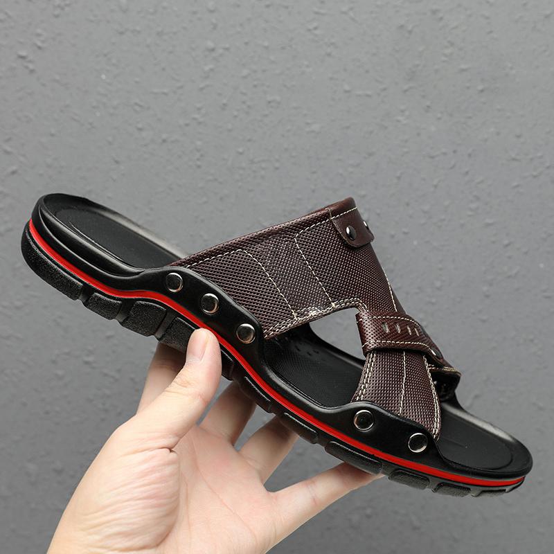 Luxury Men's Slippers, Genuine Leather Summer Shoes, Casual Beach Outdoor Home Flip Flops, Soft and Breathable Shoes