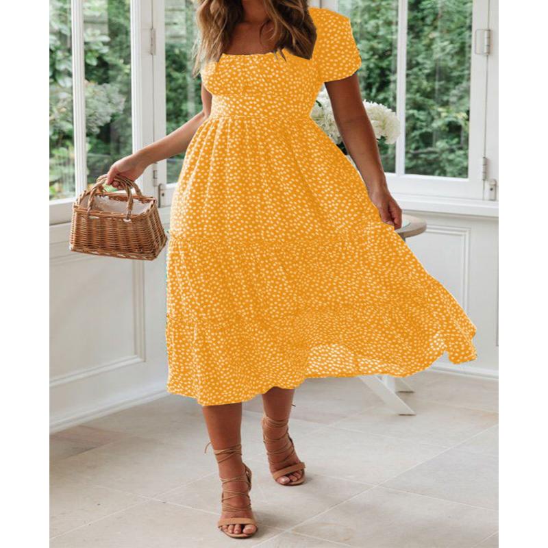 Women's French Vintage Floral Print Midi Dress Square Neck Puff Short Sleeve High Waist Chiffon Tiered Summer Casual Holiday Party Ladies Dress