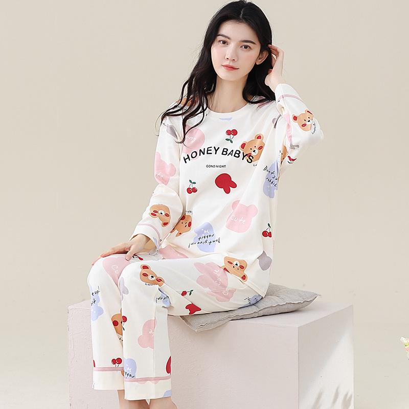 Aifen Teng Women's Pajamas Set: Pure Cotton, Long Sleeve, Long Pants, Casual Home Wear, Suitable for Spring, Autumn, and Winter.