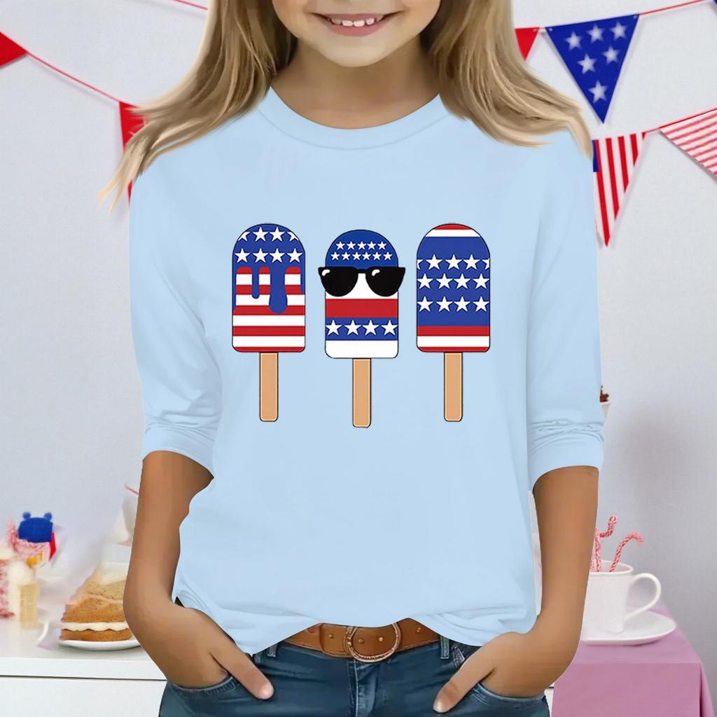 Druckoberteile für junge Mädchen 3-10 Jahre Rundhals 3/4-Ärmel T-Shirts Trendige Oberteile Outfit T-Shirts