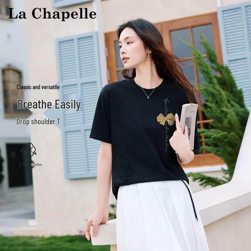 La Chapelle Women's 100% Cotton Short Sleeve Bowknot Print T-shirt