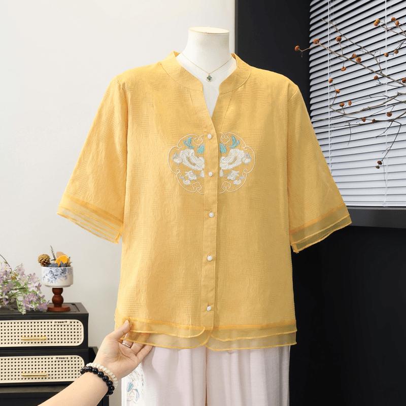 Yuzhaolin Women s Summer Embroidered Stand Collar Shirt 3XL
