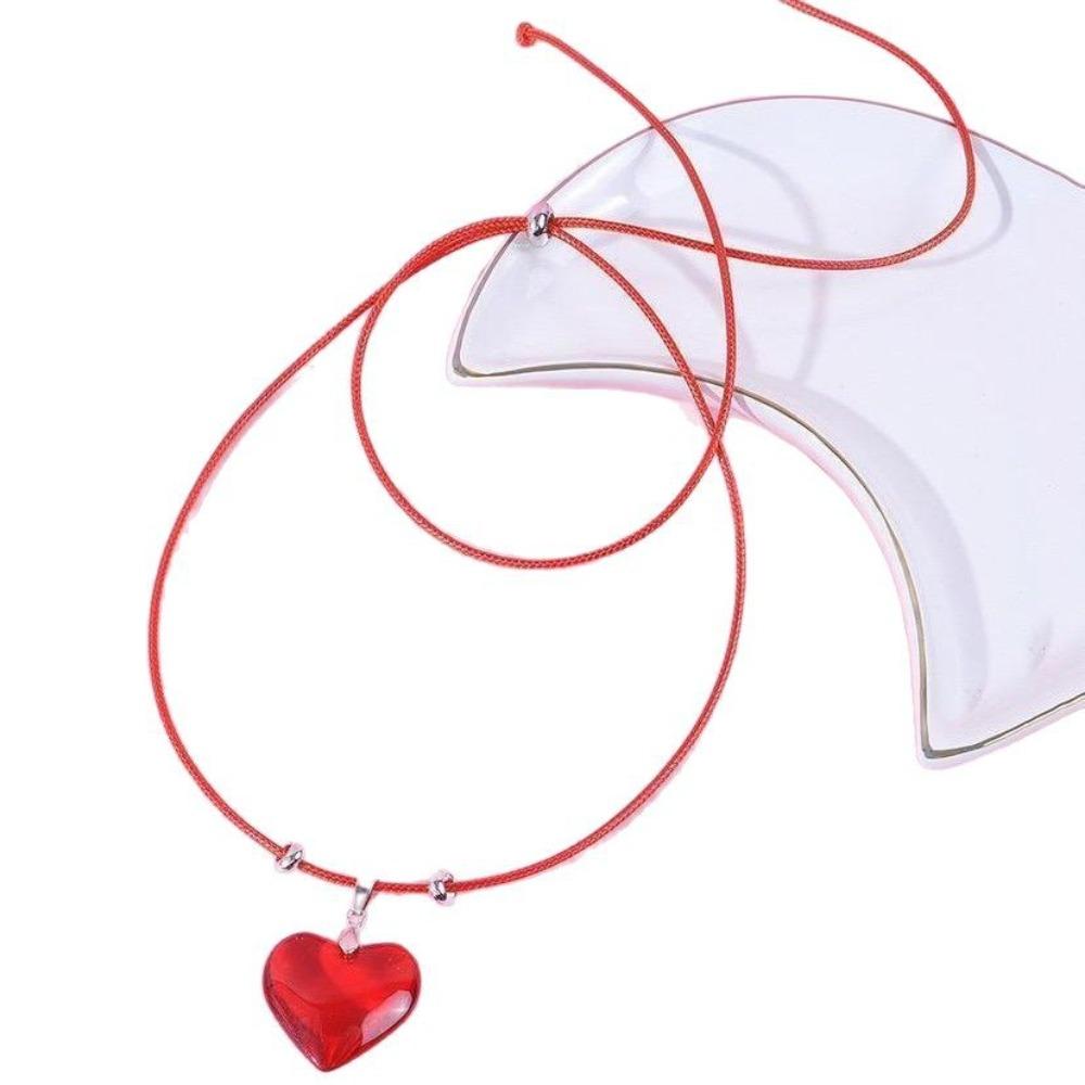 Sweet Simple Red Black Heart-shaped Glass Pendant Leather Rope Chocker Necklace for Woman Hot Girls Korean Y2k Jewelry Accessory