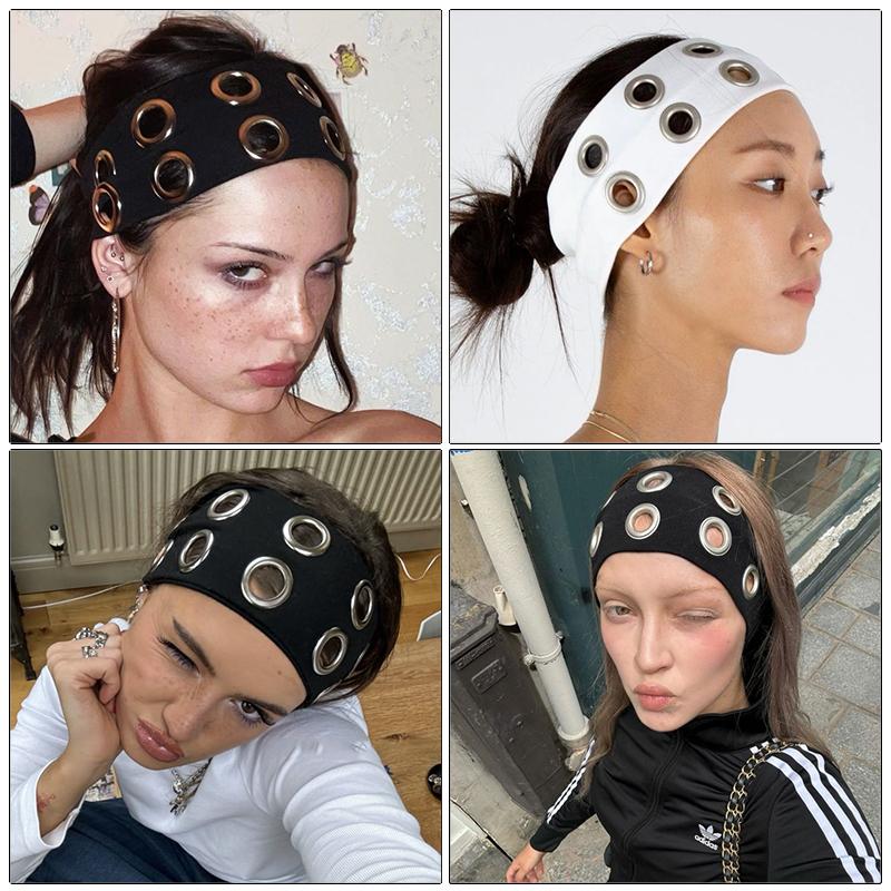 AWAYTR Punk Mädchen Stoff Hohl Elastische Stirnbänder Metall Rock Personalisiert Hohl Ösen Haarband Lässig Sport Ösen Stirnband