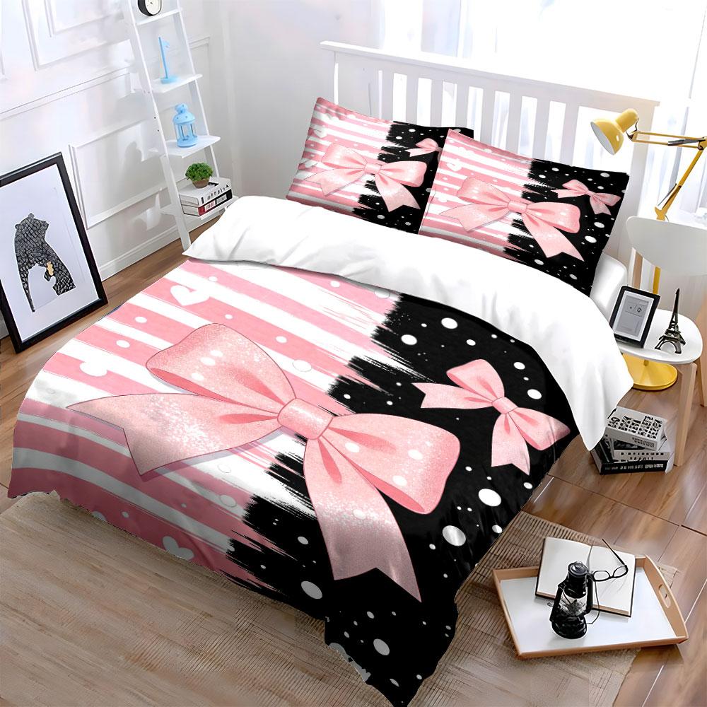 Pink Bows, Stripes, Dots. Bedding Sets Duvet Cover Sets Duvet Covers Pillowcases(1 * Duvet Cover 2 * Pillowcases, Without Duvet Insert)