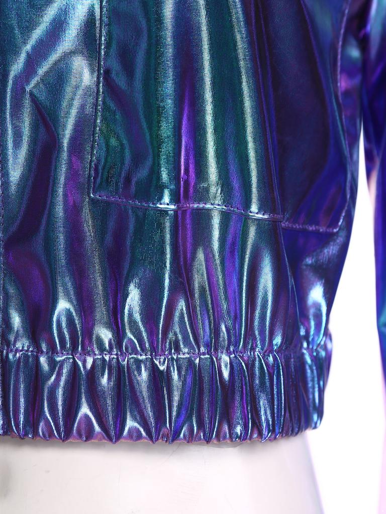 Womens Metallic Shiny Cropped Jacket Lapel Long Sleeve Front Zipper Biker Jacket