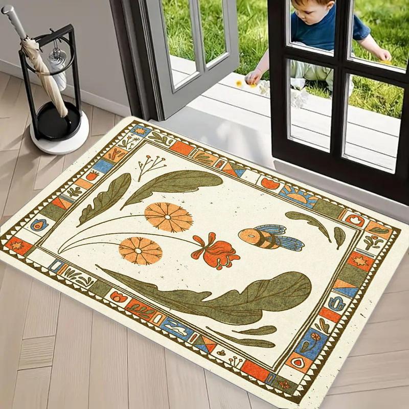 Whimsical Four Seasons Tree Print Doormat, Folk Art Floral Floor Mat for Entryway Bathroom, Rustic Boho Home Decor Carpet
