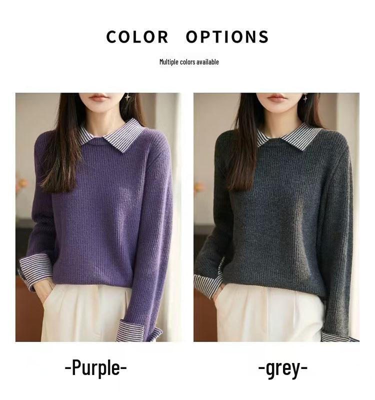 Women's Stylish Color-Block Wool Sweater with Dropped Shoulders, Double-Ribbed Collar, Perfect for Autumn and Winter Versatile Commute Wear.