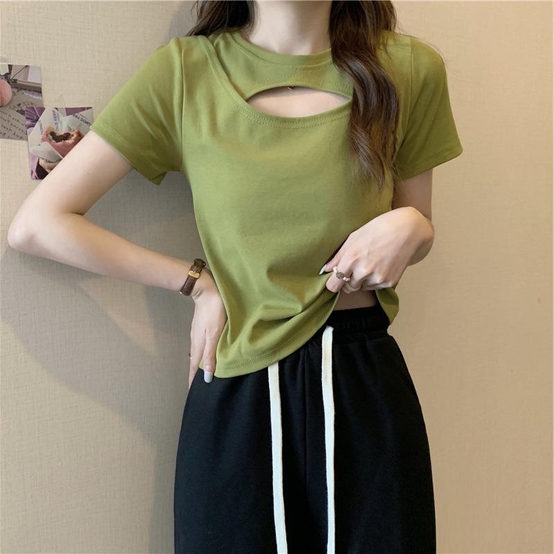 Slim Fit Hollowed-Out Candy Color Korean Style Summer Women’s T-Shirt