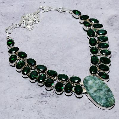 Natural Seraphinite, Diopside Gemstone 925 Sterling Silver Necklace 18" B1I01