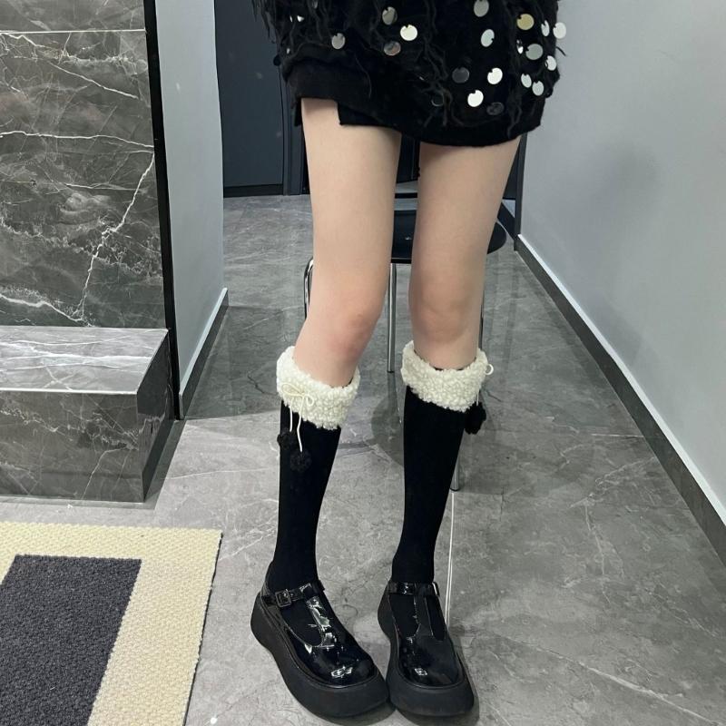 Women Winter Calf Length Boots Socks Japanese Style Cute Faux Lamb Wool Furry Trim Pompom Bowknot Stockings Leg Warmer