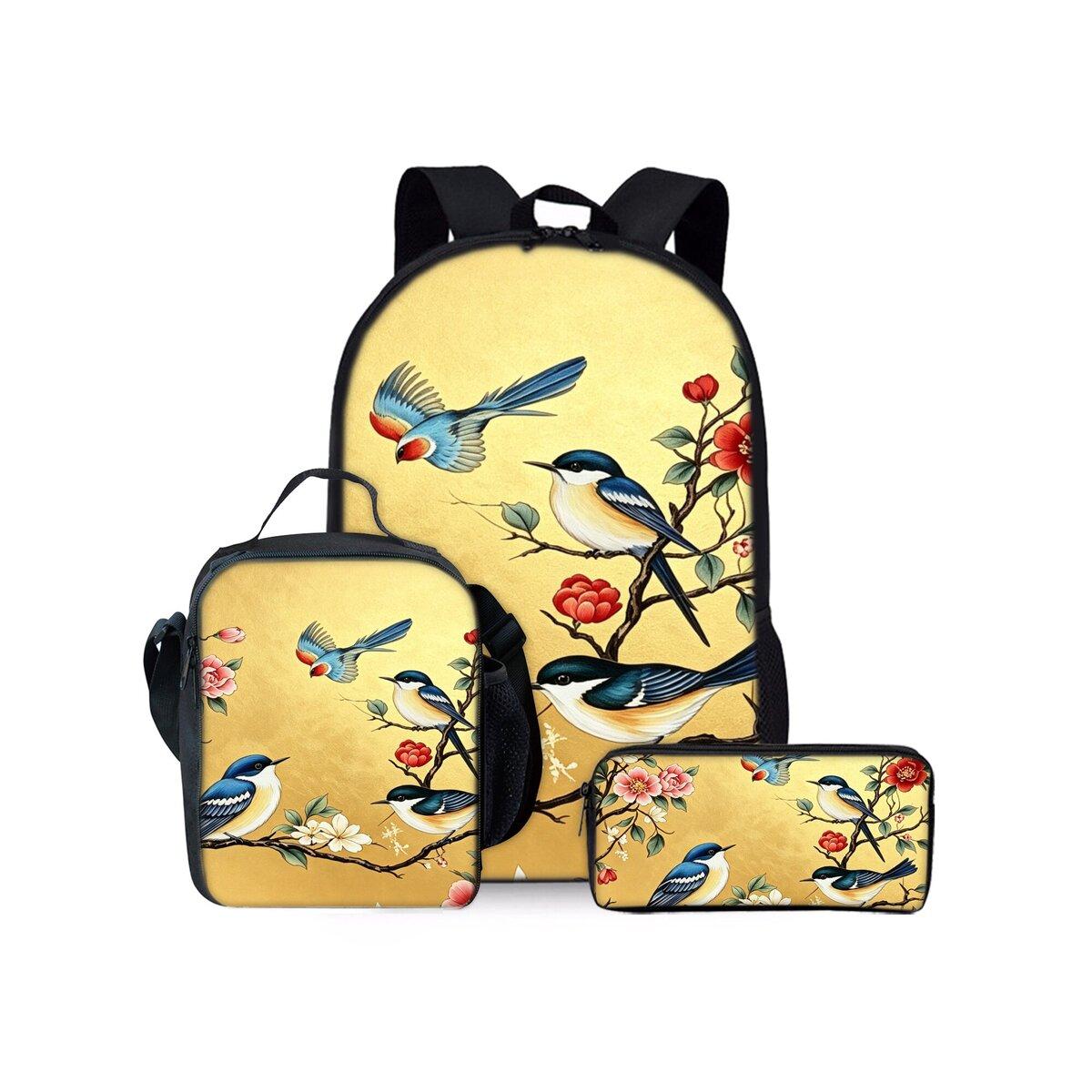 Ensemble de Sacs à Dos Trois Pièces Imprimé Oiseaux pour Garçons et Filles Meilleurs Cadeaux Sac à Dos Scolaire Plat Dessin Animé 2D pour Enfants