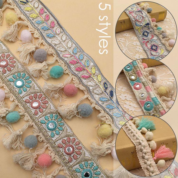 1/3/5 Yard Besticktes Jacquard Ethnisches Band Quaste Spitze Besatz Pompon Kugel Fransen Nähen Vorhang Kleidung Handwerk Zubehör