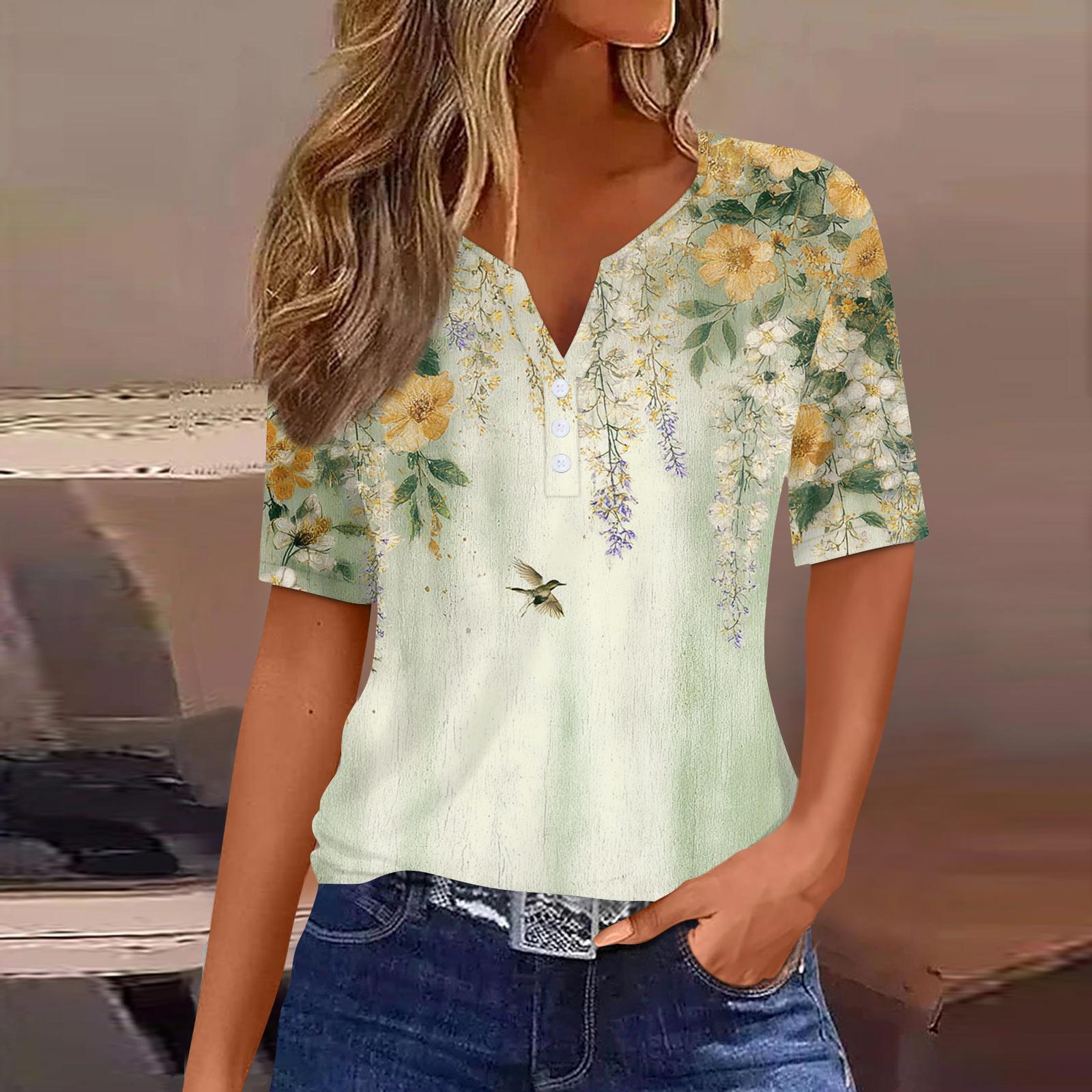 

Women V Neck Short Sleeve Floral Print T Shirt Top with Decorative Buttons Casual Loose Fit Blouse for Daily Wear XXL жёлтый