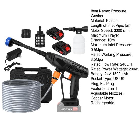 Electric Car Washing Machine Cordless Pressure Washer, Battery Powered Washer with 6-in-1 High Adjustable Nozzles, 24V Portable Power 2 Rechargeable