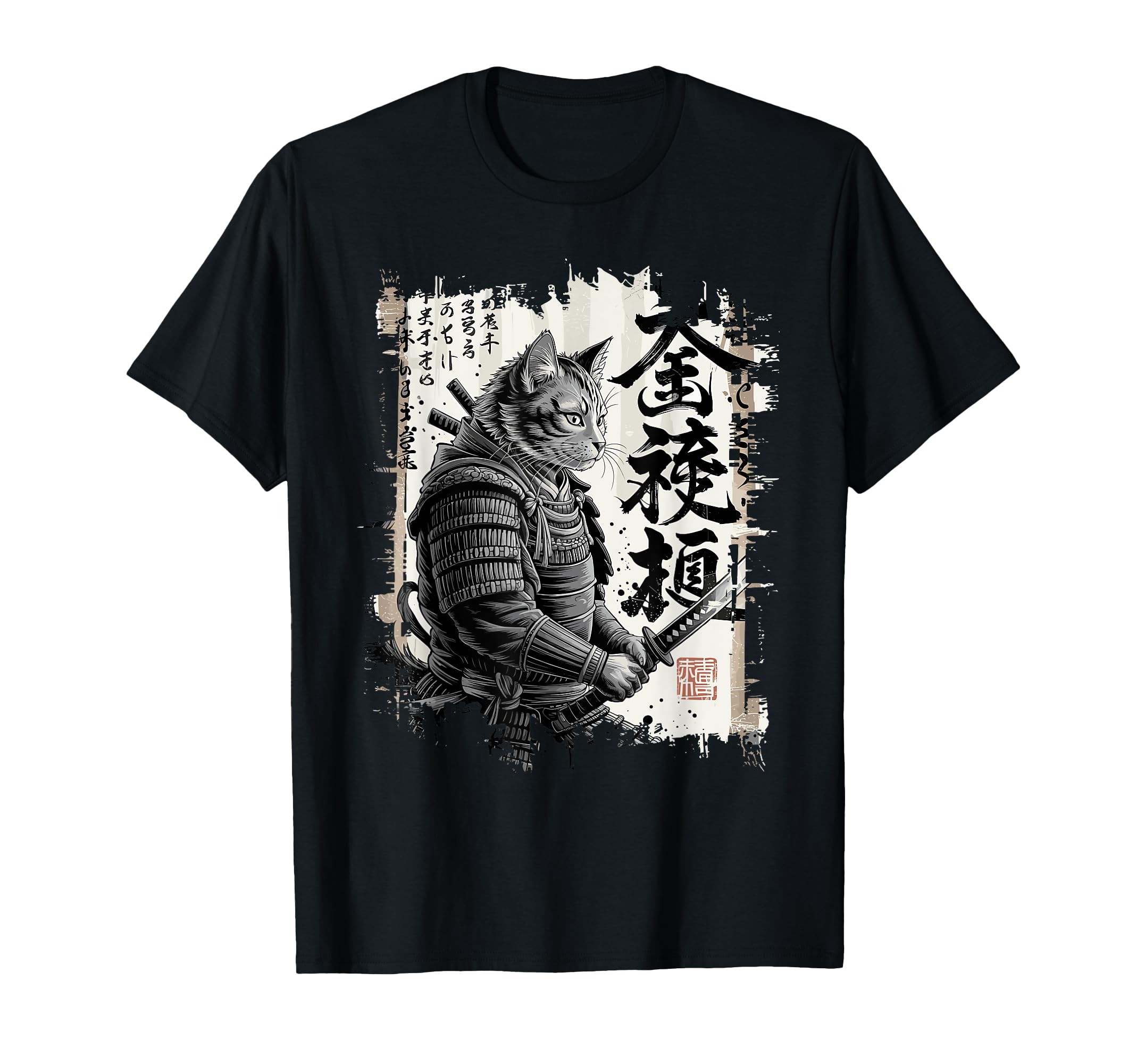 Samurai Cat Japanese Animal Illustration - Warrior, Calligraphy, Art, T-Shirt чёрный