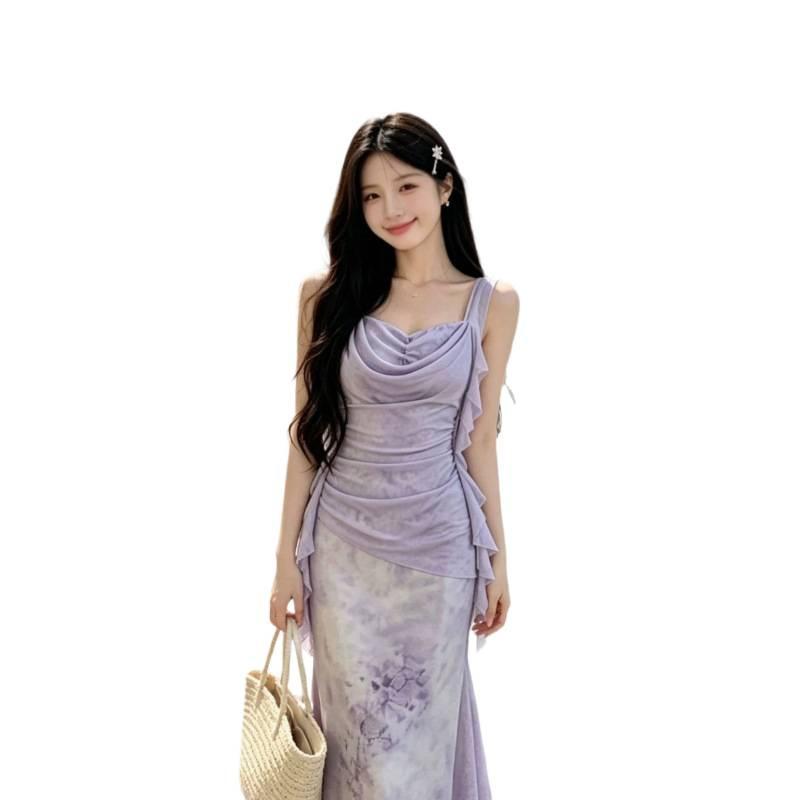Summer new temperament women's long dress niche design slim and thin suspender dress women