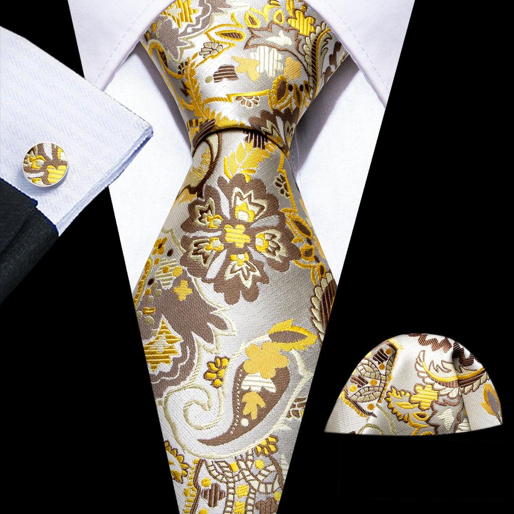 Barry.Wang Floral Ties for Men Woven Paisley Wedding Necktie Handkerchief Cufflinks Formal Casual Set