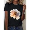 Women's Oversized White T-Shirt with  Round Neck Top, Loose Fit Casual Blouse for Spring Summer Streetwear, Machine Washable  Floral Petal Design